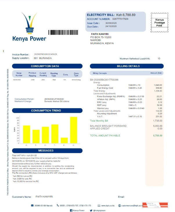 KENYA KENYA POWER utility bill Word and PDF template